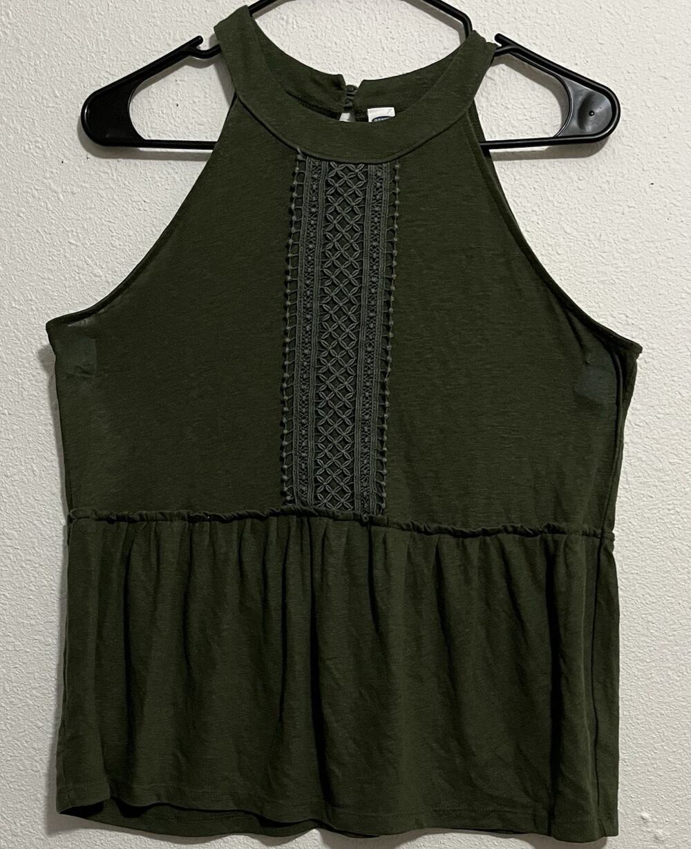 Old Navy Green Solid Halter Neck Sleeveless Knit Lace Button Tank Top M